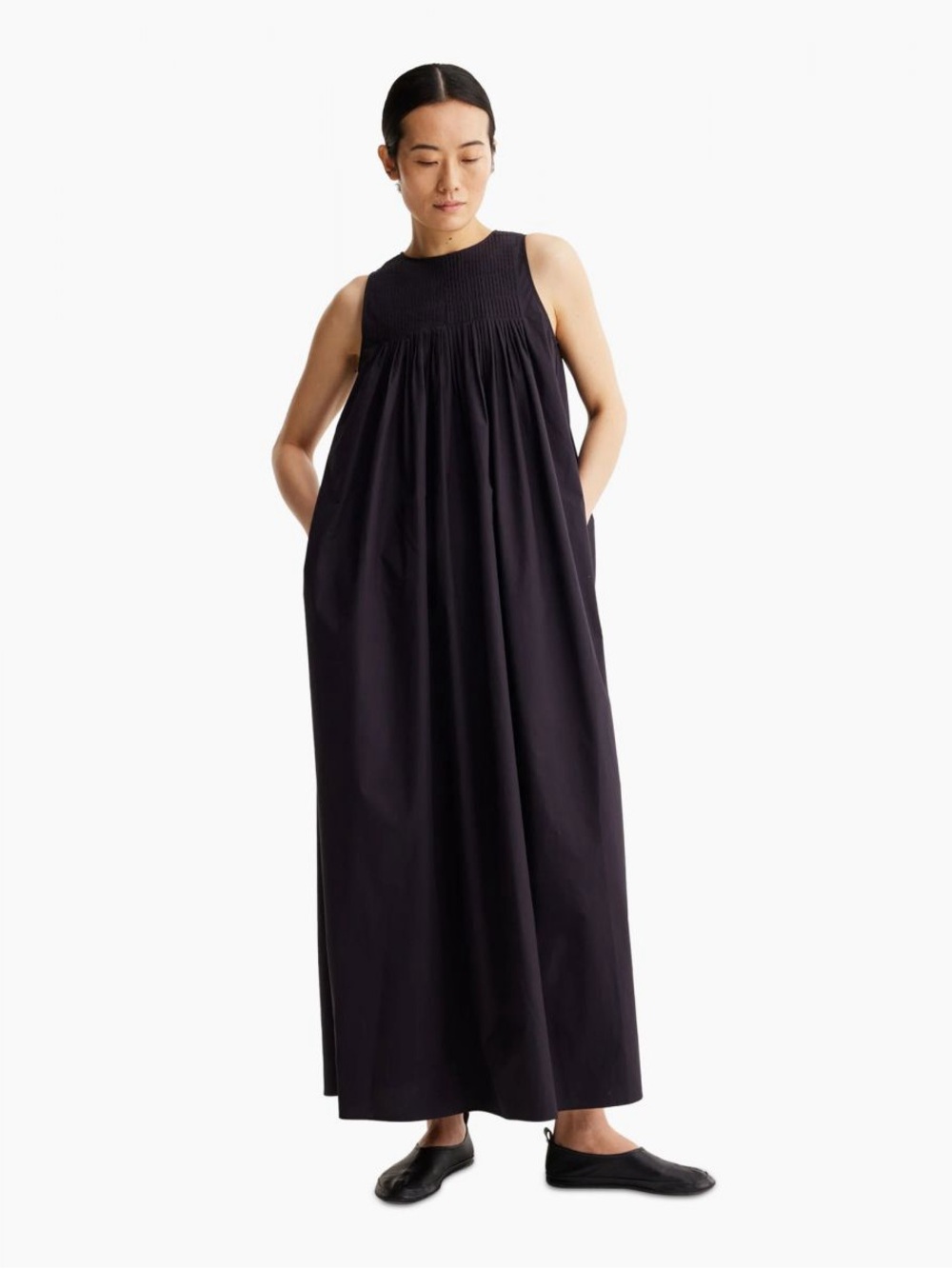 Róhe Sleeveless Black Maxi Dress with Pleated Yoke Detail NWT